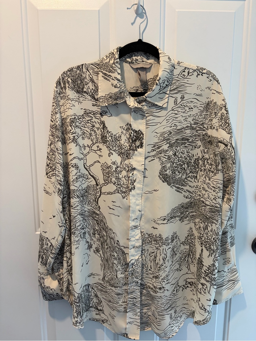H&M Oversized Cream Button Down Blouse with Black Scenic Print Size M